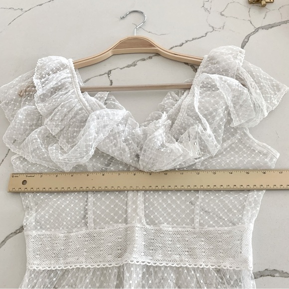 🤍 ANTHROPOLOGIE White Ruffle Sheer Mesh Maxi Dress Small Petite SP - Picture 11 of 15